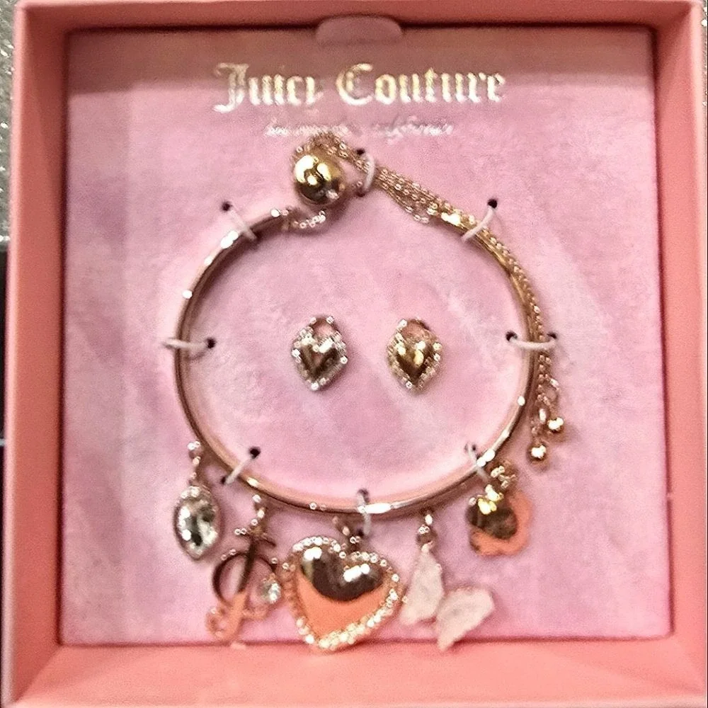 Juicy Couture Gold Charm Bracelet and Heart‎ Locket EarringSet